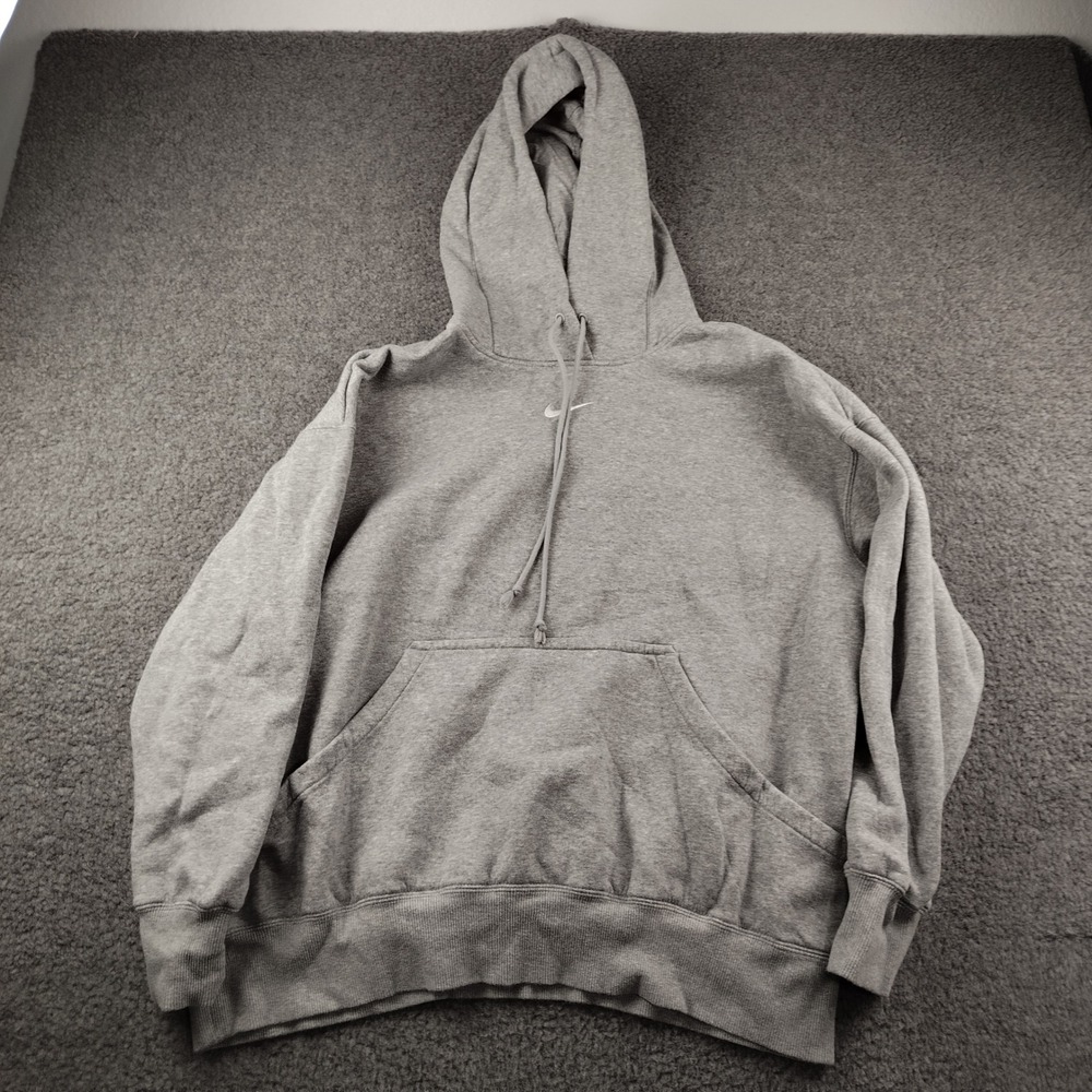 Nike Hoodie Mens Large Center Swoosh Grey Cotton Fleece Pullover EUC